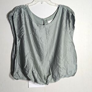 Anthropologie size L Mint Green Blouse balloon crop & rugged short sleeves EUC
